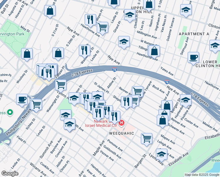 map of restaurants, bars, coffee shops, grocery stores, and more near 36 Aldine Street in Newark