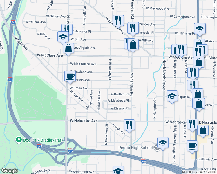map of restaurants, bars, coffee shops, grocery stores, and more near 903 West Brons Avenue in Peoria