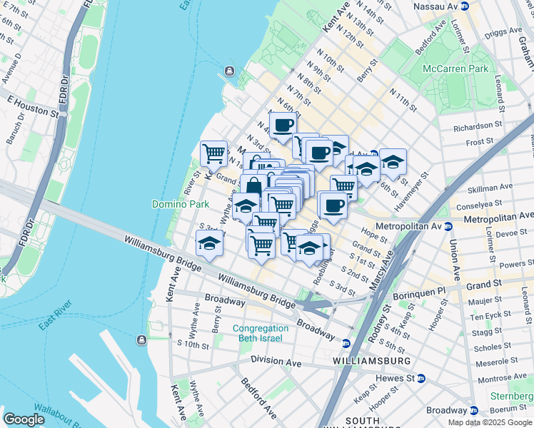 map of restaurants, bars, coffee shops, grocery stores, and more near 156 Grand Street in Brooklyn