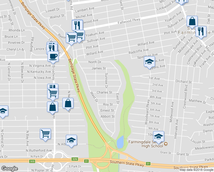 map of restaurants, bars, coffee shops, grocery stores, and more near 114 Louis Street in Massapequa