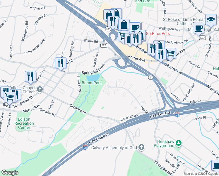 map of restaurants, bars, coffee shops, grocery stores, and more near 77 Troy Drive in Springfield Township