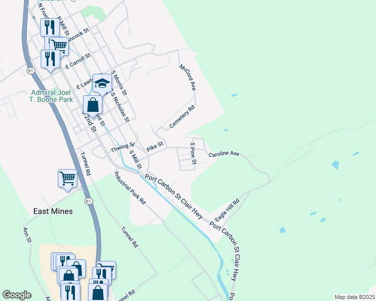 map of restaurants, bars, coffee shops, grocery stores, and more near 54 Caroline Avenue in Pottsville