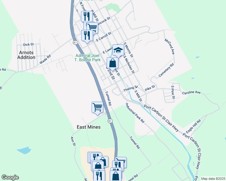 map of restaurants, bars, coffee shops, grocery stores, and more near Cinder Alley in Saint Clair