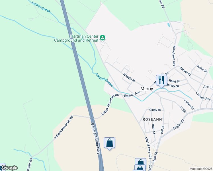 map of restaurants, bars, coffee shops, grocery stores, and more near 60 Laurel Avenue in Milroy