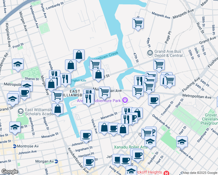 map of restaurants, bars, coffee shops, grocery stores, and more near 1301 Metropolitan Avenue in Brooklyn