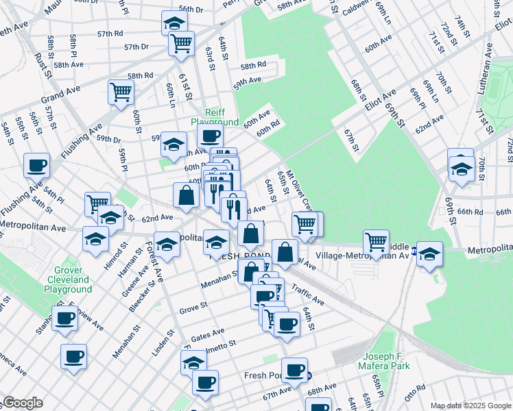 map of restaurants, bars, coffee shops, grocery stores, and more near 62-15 62nd Avenue in Queens