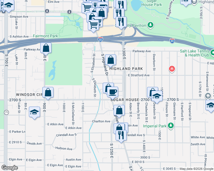 map of restaurants, bars, coffee shops, grocery stores, and more near 2648 South Highland Drive in Salt Lake City
