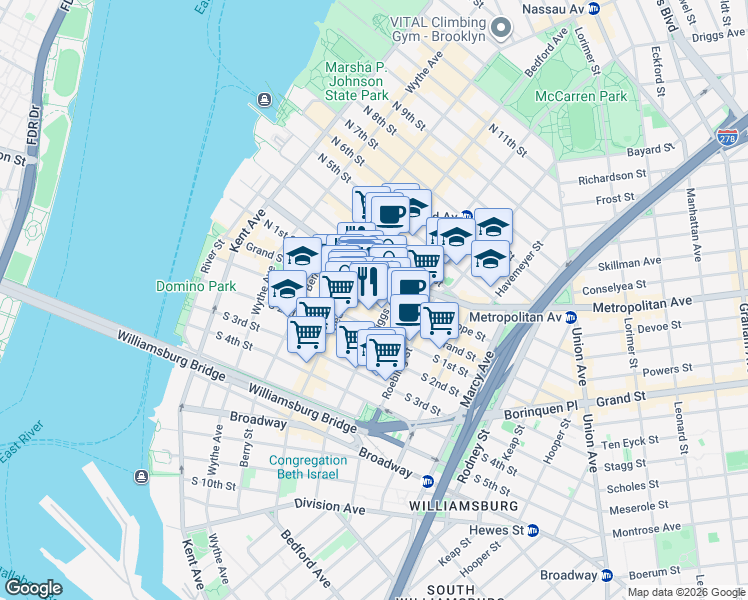 map of restaurants, bars, coffee shops, grocery stores, and more near 172 North 1st Street in Brooklyn