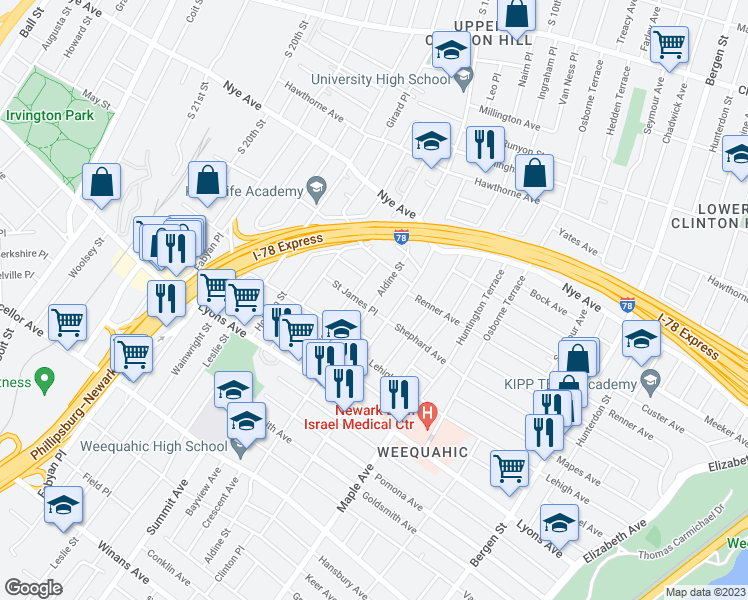 map of restaurants, bars, coffee shops, grocery stores, and more near 36 Aldine Street in Newark