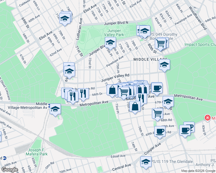 map of restaurants, bars, coffee shops, grocery stores, and more near 66th Road in Queens