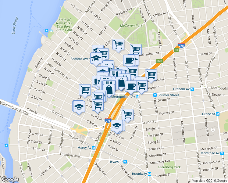 map of restaurants, bars, coffee shops, grocery stores, and more near Havemeyer St & N 5th St in Brooklyn