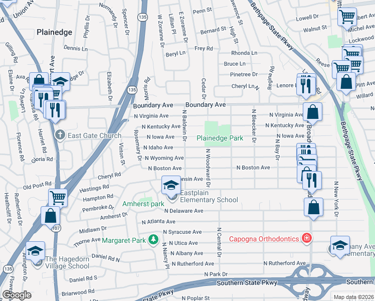 map of restaurants, bars, coffee shops, grocery stores, and more near 310 North Baldwin Drive in Massapequa