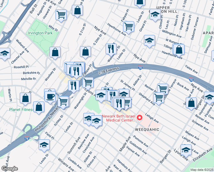 map of restaurants, bars, coffee shops, grocery stores, and more near 50 Shaw Avenue in Newark