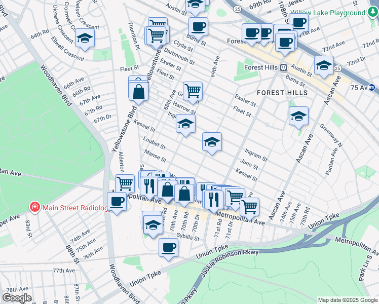 map of restaurants, bars, coffee shops, grocery stores, and more near 69-24 Kessel Street in Queens