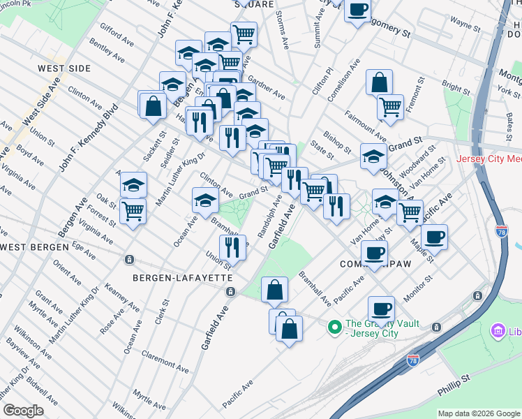 map of restaurants, bars, coffee shops, grocery stores, and more near 347 Randolph Avenue in Jersey City