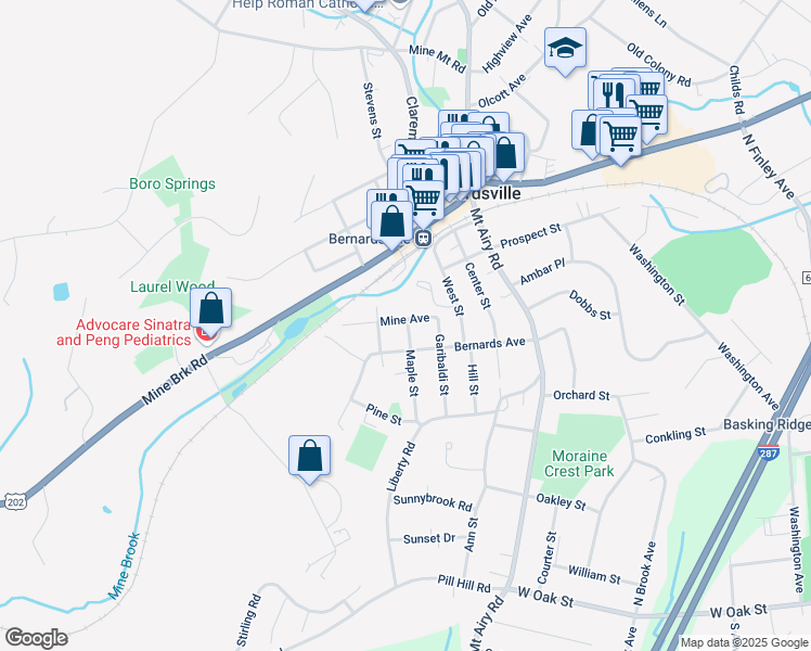 map of restaurants, bars, coffee shops, grocery stores, and more near 21 Mine Avenue in Bernardsville
