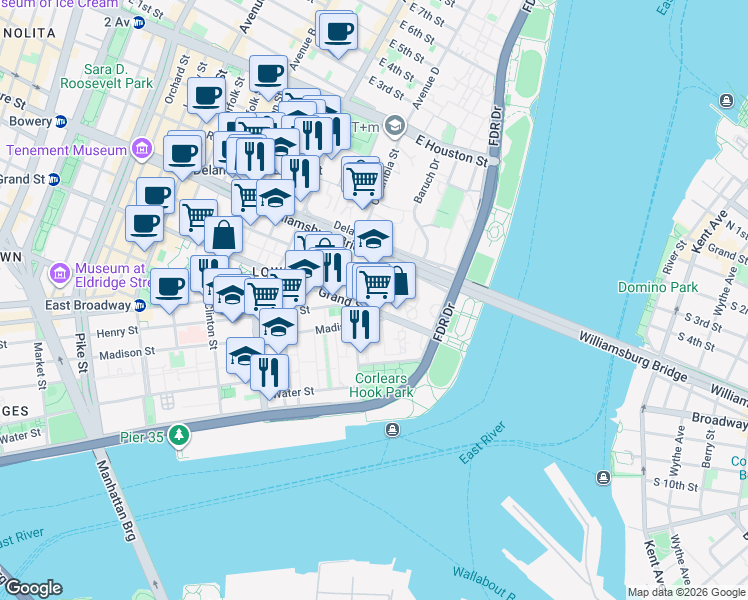 map of restaurants, bars, coffee shops, grocery stores, and more near 550 Grand Street in New York