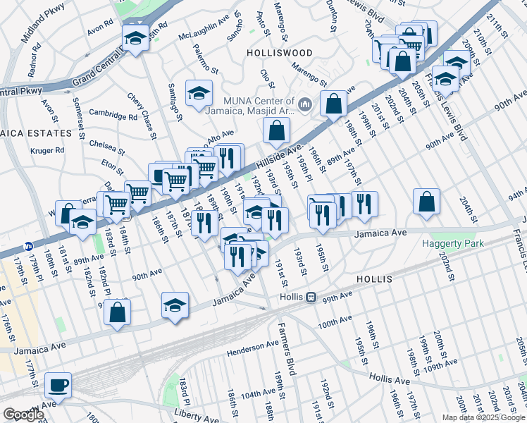 map of restaurants, bars, coffee shops, grocery stores, and more near 88-71 192nd Street in Queens