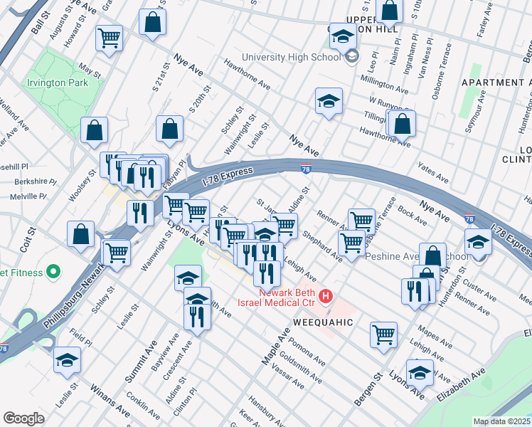 map of restaurants, bars, coffee shops, grocery stores, and more near 43-45 Willoughby Street in Newark