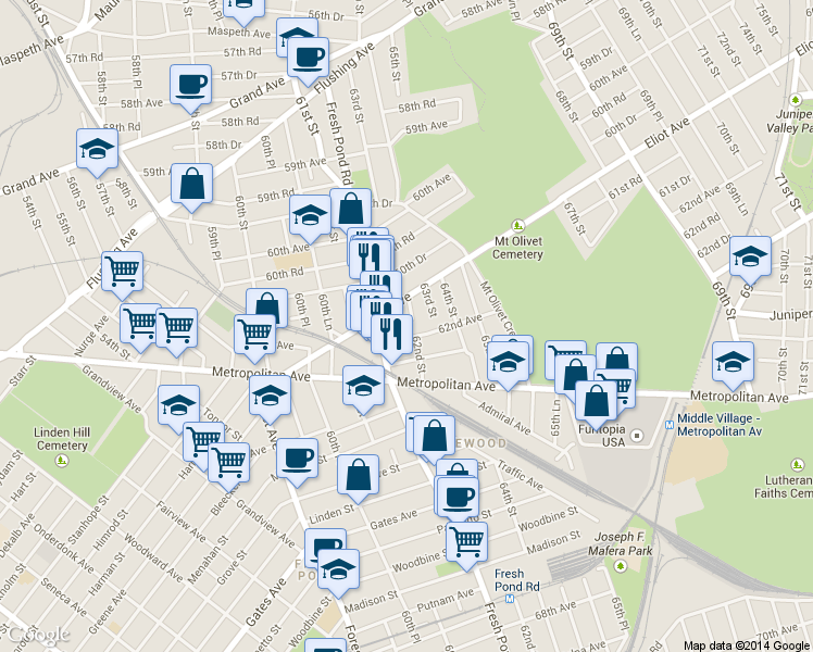map of restaurants, bars, coffee shops, grocery stores, and more near 61-28 62nd Street in Queens