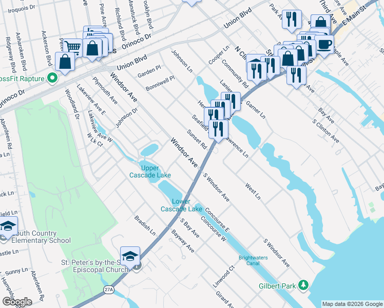 map of restaurants, bars, coffee shops, grocery stores, and more near 10 Sunset Road in Bay Shore