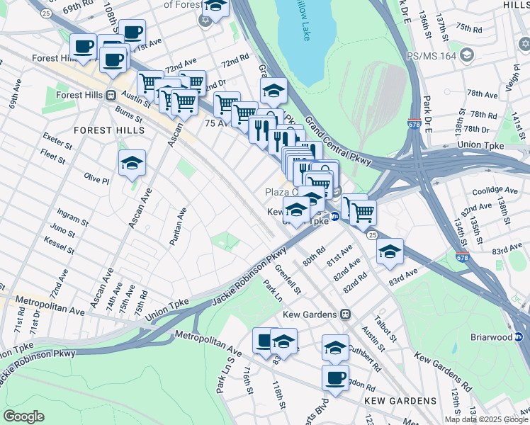map of restaurants, bars, coffee shops, grocery stores, and more near 76-66 Austin Street in Queens