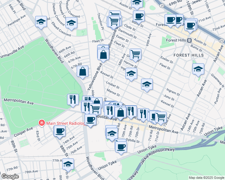map of restaurants, bars, coffee shops, grocery stores, and more near 68-16 Loubet Street in Queens