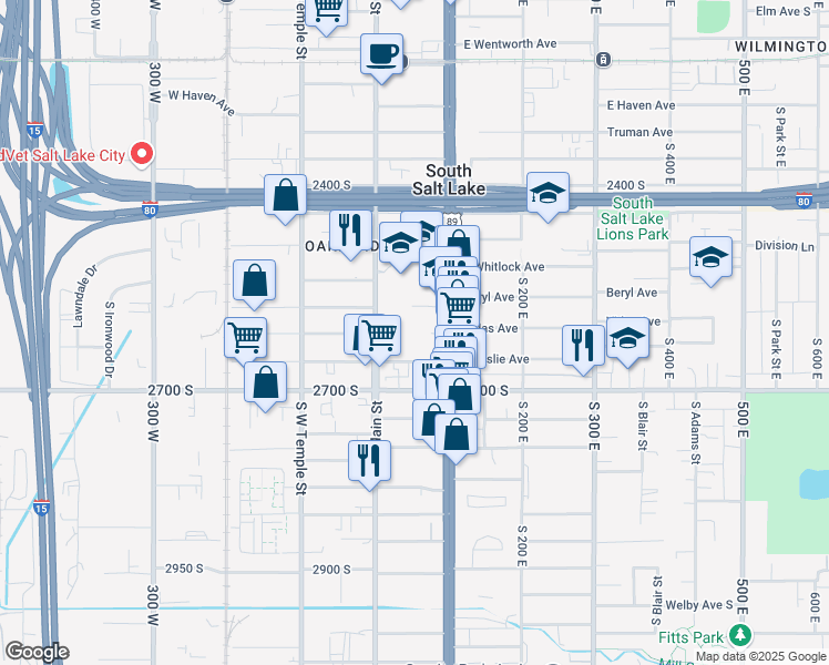 map of restaurants, bars, coffee shops, grocery stores, and more near 2567 South Main Street in South Salt Lake