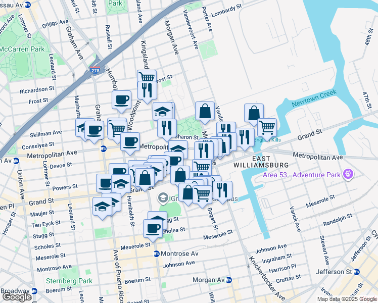 map of restaurants, bars, coffee shops, grocery stores, and more near 991 Metropolitan Avenue in Brooklyn