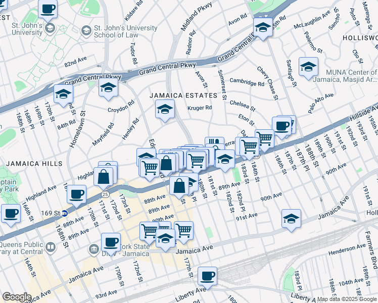 map of restaurants, bars, coffee shops, grocery stores, and more near 86-74 Midland Parkway in Queens