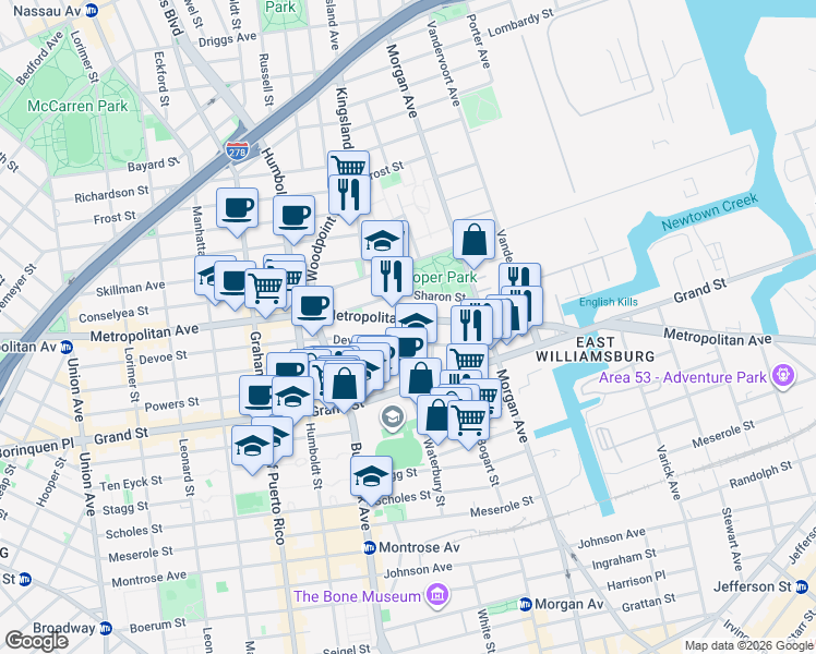 map of restaurants, bars, coffee shops, grocery stores, and more near 928 Metropolitan Avenue in Brooklyn