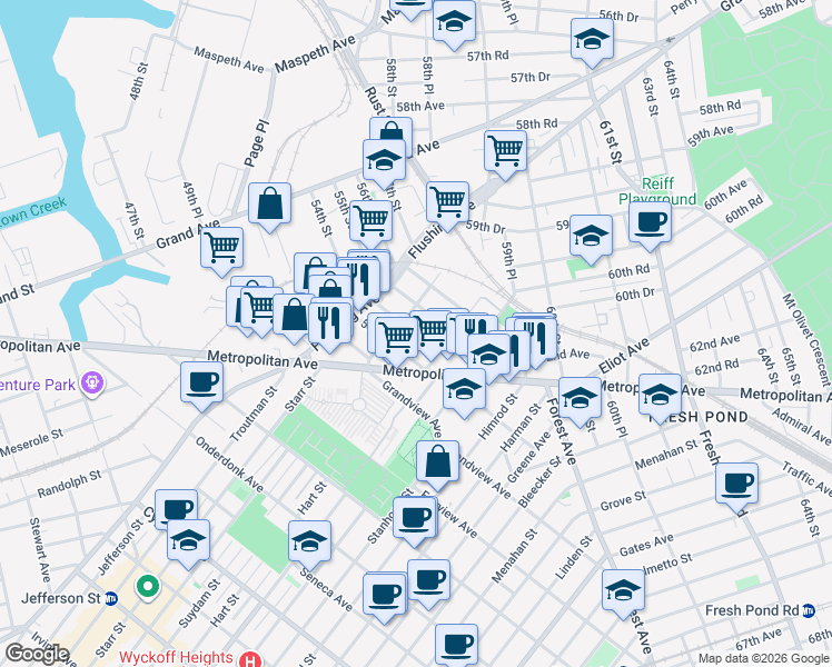 map of restaurants, bars, coffee shops, grocery stores, and more near in Queens