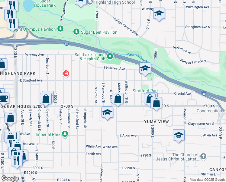 map of restaurants, bars, coffee shops, grocery stores, and more near 2649 South 1800 East in Salt Lake City