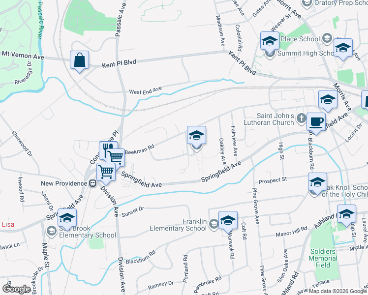 map of restaurants, bars, coffee shops, grocery stores, and more near 13 Beekman Terrace in Summit