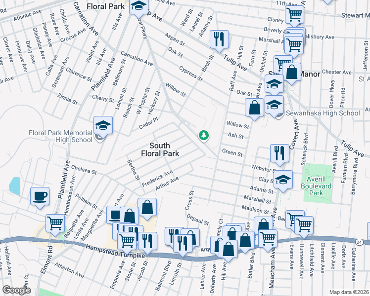 map of restaurants, bars, coffee shops, grocery stores, and more near 459 Louis Avenue in South Floral Park