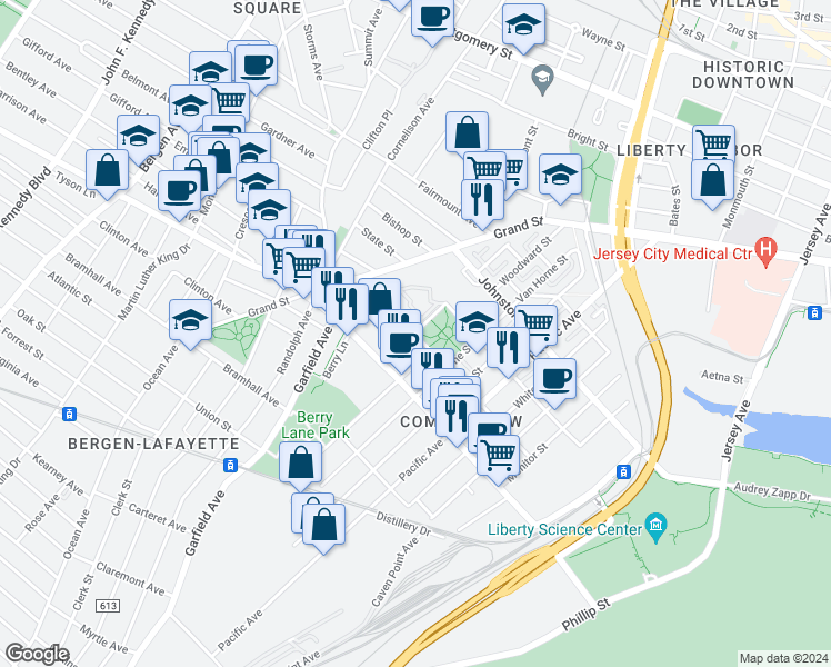 map of restaurants, bars, coffee shops, grocery stores, and more near 144 Lafayette Street in Jersey City