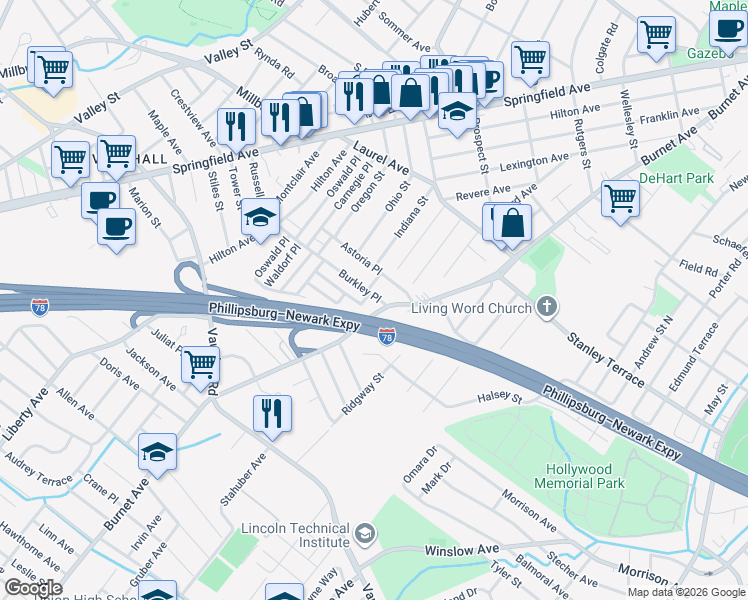 map of restaurants, bars, coffee shops, grocery stores, and more near 50 Burkley Place in Union