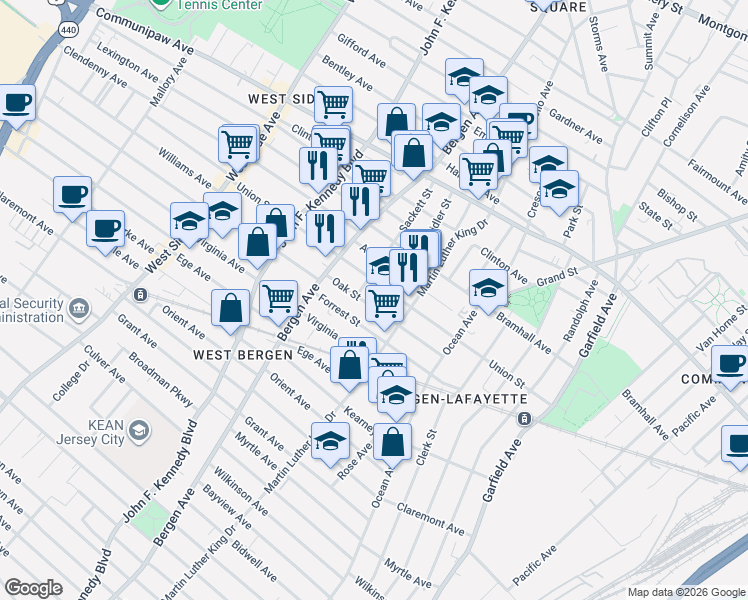 map of restaurants, bars, coffee shops, grocery stores, and more near 78 Oak Street in Jersey City