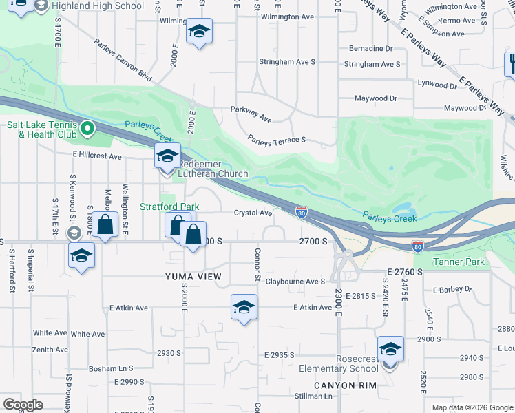 map of restaurants, bars, coffee shops, grocery stores, and more near 2151 Crystal Avenue in Salt Lake City