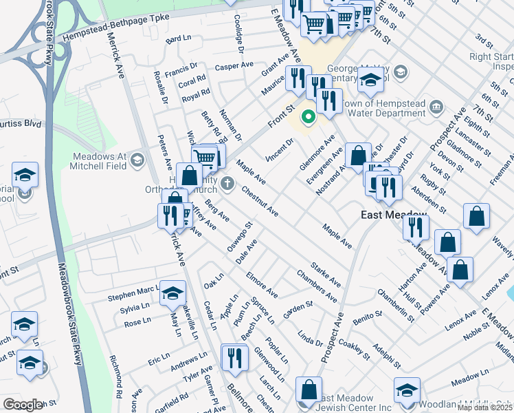 map of restaurants, bars, coffee shops, grocery stores, and more near 218 Chestnut Avenue in East Meadow