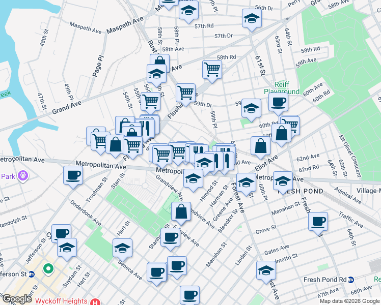 map of restaurants, bars, coffee shops, grocery stores, and more near 60-85 55th Street in Queens