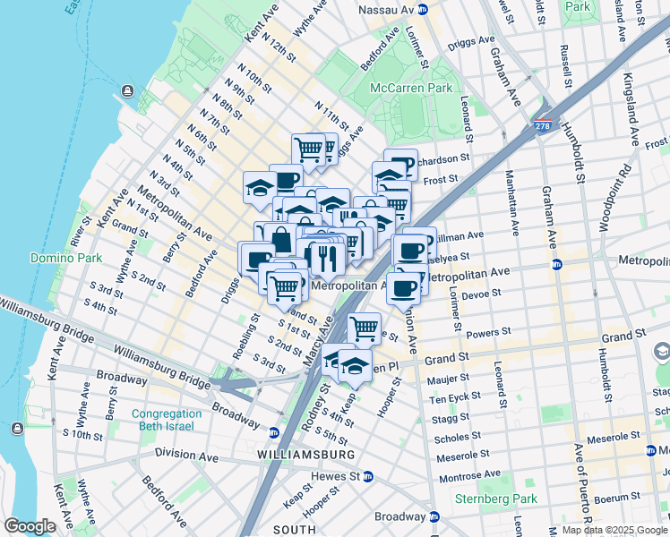 map of restaurants, bars, coffee shops, grocery stores, and more near 417-421 Metropolitan Avenue in Brooklyn