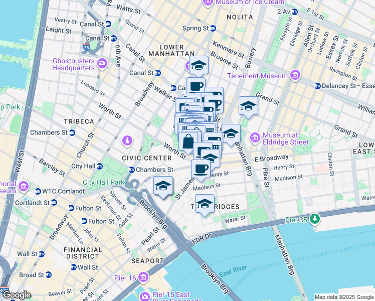 map of restaurants, bars, coffee shops, grocery stores, and more near 42 Mulberry Street in New York