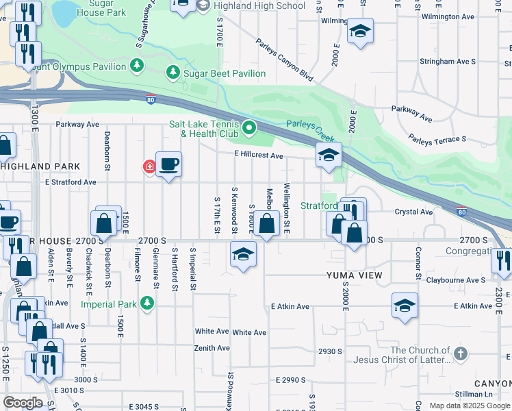 map of restaurants, bars, coffee shops, grocery stores, and more near 2649 South 1800 East in Salt Lake City