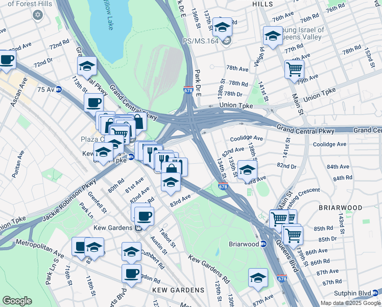 map of restaurants, bars, coffee shops, grocery stores, and more near 80-25 126th Street in Queens