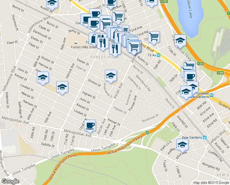 map of restaurants, bars, coffee shops, grocery stores, and more near 1-41 Ascan Avenue in Queens
