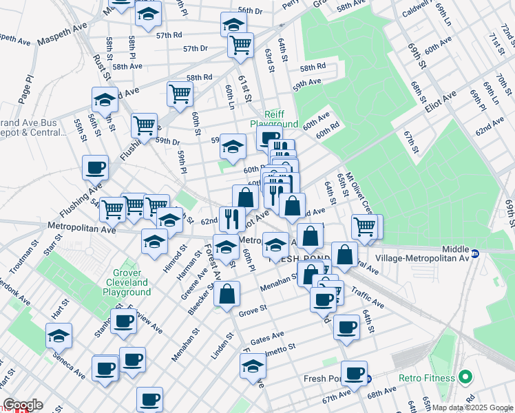 map of restaurants, bars, coffee shops, grocery stores, and more near 60-74 60th Lane in Queens