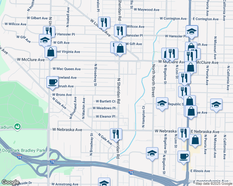 map of restaurants, bars, coffee shops, grocery stores, and more near 2203 North Sheridan Road in Peoria