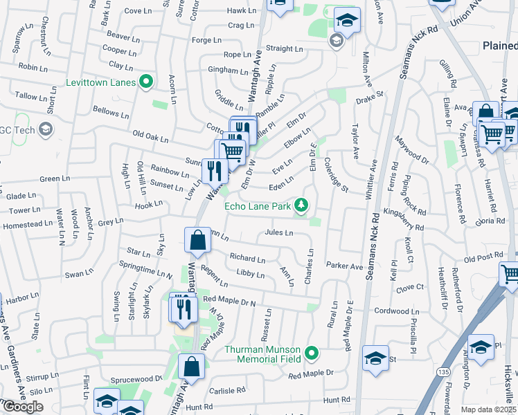 map of restaurants, bars, coffee shops, grocery stores, and more near 20 Elves Lane in Levittown