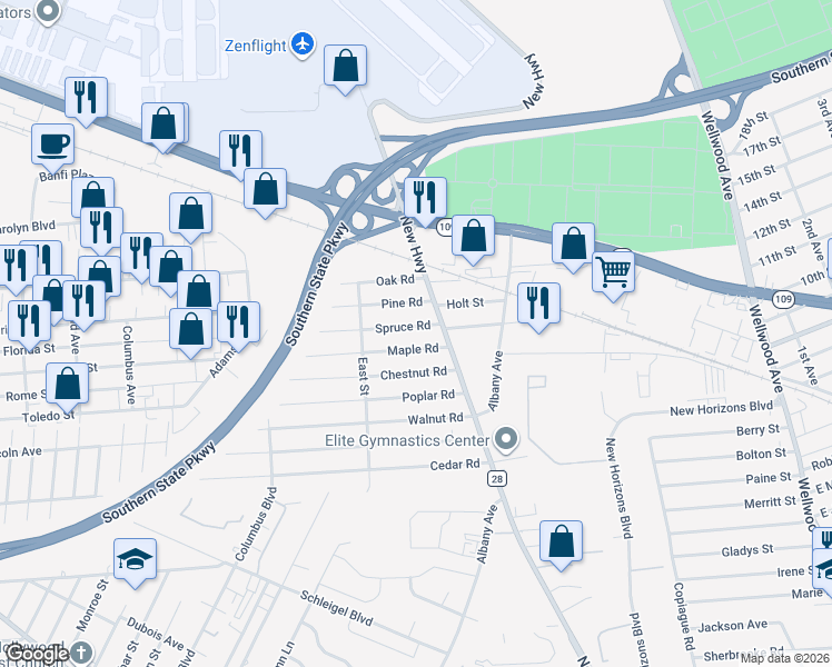 map of restaurants, bars, coffee shops, grocery stores, and more near 10 Spruce Rd in Amityville